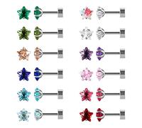 12 Pairs Surgical Stainless Steel Flat Back Stud Earrings, Screw Back Heart Star Square Teardrop Gold Plated Cubic Zirconia CZ Birthstone Stud Earrings Set (Silver star 3mm)
