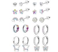 12 Pairs Titanium Steel Zirconia Stud Earrings Set, Hypoallergenic Flat Back Cartilage Earrings for Women, Sparkling Threadless Helix Piercing Jewelry Gift (Multicolor)