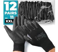 12 Pairs Work Gloves XXL (11) Nylon PU coated CAT II available XS extra-small (6),S small (7), M medium (8), L large (9), XL x-large (10), XXL xx.large (11) seamless multi-purpose black colour coded