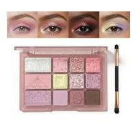 12-Pan Eyeshadow Palette, Matte, Shimmer And Sparkle Finishes, Pink Case | Powder Eye Make-Up In Silver, Rose, Lilac, Yellow, Mauve And Brown, Dual-Ended Applicator, For Daily Or Evening Looks