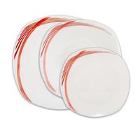 12-Pc Dinner Set White Soup Dessert Plates Red Lines Semi Square Four Servings