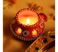 12 Pc Set Medium Size RED Decorated Clay MATKI Wax Filled Diya | Diwali Pooja Handmade Dia | Terracotta - Natural EARTHEN Diya - Handpainted with MDF Gift Package