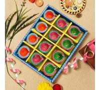 12 Pc Set Multicolored Chalk Work Clay Diya | Diwali Pooja Handmade Dia | Terracotta - Natural EARTHEN Diya - Handpainted