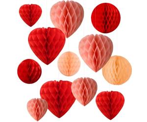 12 PCS 15/20/30cm Honeycomb Balls, Red and Peach Pink Heart and Round Paper Honeycomb Ball Decorations, Paper Hanging Kit for Valentines Day Decorations Wedding Anniversary Decor