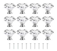 [12 PCS] 30mm Crystal Clear Glass Cabinet Drawer Pulls, Attom Tech Diamond Shape Cupboard Knobs with Screws for Kitchen, Dresser, Cupboard, Bathroom, Wardrobe (1.2 inch / 30 mm)