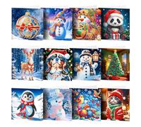 12 Pcs 5D DIY Diamond Painting Christmas Greeting Cards, Christmas Elements Diamond Art Cards, Round Drill Crystal Craft Card, Rhinestone Painting Card Kit for Family Friend Handmade Gift-02