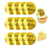 12 Pcs Acrylic Cake Toppers, 2 Inches Personalised Cupcake Toppers, Gold Round Happy Birthday Cake Charm, Mini Mirror Happy Birthday Cupcake Disc Toppers for Birth-day Party Decor
