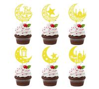 12 Pcs Acrylic Eid Mubarak Glitter Moon and Star Cupcake Toppers，Ramadan Kareem Party Cupcake Picks for Eid Islamic Muslim Party Cake Decorations