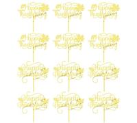12 Pcs Acrylic Gold Happy Thanksgiving Cupcake Toppers,Thank You Picks Fall Theme Side Cake Decoration for Thanksgiving Day Autumn Harvest Party Desserts Supplies