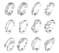 12 Pcs Adjustable Open Rings Set for Women Birthday Stackable Open Finger Joint Thumb Ring Heart Flower Arrow Silver Toe Ring Jewelry Friendship Valentine's Mothering Sunday Gifts for Mom Ladies Girls