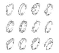 12 Pcs Adjustable Silver Open Rings Set Toe Rings Stackable Finger Joint Thumb Rings Beach Jewelry Heart Flower Arrow Design for Women Girls Gifts Friendship Everyday Wear