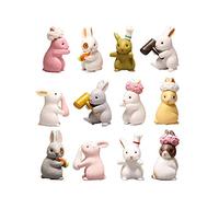 12 Pcs Adorable Mini Bunny Figurines Easter Rabbit Cake Cupcake Toppers Party Decoration Rabbit Miniature for Kids Craft Playset Fun Office Home Decor