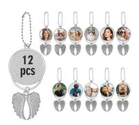 12 PCS Angel Wings Sublimation Blanks Double Sided Memorial Sublimation Keychain Blank Metal Key Ring with Chain Hold 1.6" Round Photo Esthetic for DIY Gift Car Decoration Graduation Tassel Charm