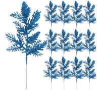 12 Pcs Artificial Christmas Glitter Leaves Picks, Christmas Glitter Pine Needles Branches Spray Glitter Frosted Branches for DIY Accessories Christmas Floral Decorations Wreath Garland (Royal Blue)