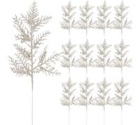 12 Pcs Artificial Christmas Glitter Leaves Picks, Christmas Glitter Pine Needles Branches Spray Glitter Frosted Branches for DIY Accessories Christmas Floral Decorations Wreath Garland (Champagne)