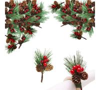 12 Pcs Artificial Pine Picks Christmas Pine Needles with Red Berries Pines Cones,Christmas Artificial Pines Cones Berry Stems Decor Bouquets for Craft,Garden,Xmas Flower Arrangements Wreaths Decor