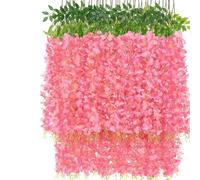 12 Pcs Artificial Wisteria Flowers Garland, 3.6 FT Silk Fake Flowers Hanging Vine for Indoor Outdoor Home Garden Christmas Wedding Party Decoration (Dark Pink)