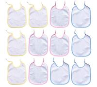 12 Pcs Baby Bibs White Cotton - Newborn Feeding Bib, Adjustable Tie-On Baby Bib with Waterproof TPU Backing, Washable Creative DIY Drool Gift for Boy Girl Baby Shower Party, Birthday, 18 x 18cm