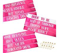 12 PCS Bachelorette Sashes Set, Bride to Be Team Bride Sash Maid of Honor Bridesmaid Sash for Bridal Shower and Hen Party Decorations Favors, Hot Pink