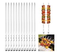 12 PCS BBQ Flat Metal Skewers, Reusable Stainless Steel Kebab for Meat Shrimp Vegetable, 30cm Grilling Sticks with Nonslip Ring Handle for Barbecue Party