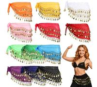 12 Pcs Belly Dance Hip Scarves, Chiffon Dance Skirts with 128 Gold Coins, Multi Color Dangling Wrap Belts, Stage Accessories for Dance Practice and Yoga