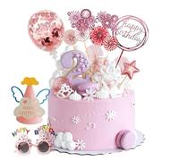 12 Pcs Birthday Cake Toppers Set, Rose Gold Glitter Birthday Cake Topper Kit with Confetti Balloon Acrylic Banner Star Fireworks Paper Fan for Girls Women Birthday Decorations