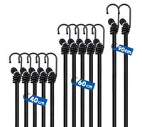 12 Pcs Black Bungee Cords with Hooks, 35kg Max Load, 40/60/90cm | 35kg Max Load, rust/UV-proof. Mixed Lengths 40/60/90cm. For camping, luggage, tents, bikes. Strong hooks.