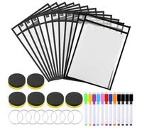 12 Pcs Black Dry Erase Pockets Transparent Dry Erase Sheets Reusable Writable & Wipeable Plastic Wallets Hanging Job Ticket Protector Pocket Dry Erase Holder with Pen, Eraser, Metal Ring - 10x14 in