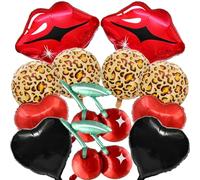 12 Pcs Black Red Heart Foil Balloons Red Lips Cherry Cheetah Print Balloons for Bachelorette Party Decorations, Women’s Birthday, Kiss The Miss Goodbye Girls Night Cheetah Print Birthday Baby Shower