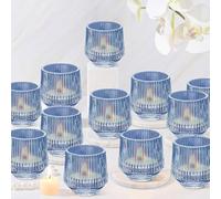 12 Pcs Blue Votive Candle Holders, 8 x 7 cm Ribbed Glass Tea Light Candle Holder Bulk, Vintage Tealight Candles Holder for Table Centerpiece Wedding Easter Brithday Party Home Décor