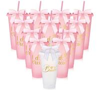12 Pcs Bridesmaid Plastic Tumbler with Straw Lid and Twist Bow 24 oz I Do Crew and Bride Reusable Tumbler Bridal Party Proposal Gifts Bachelorette Party Gifts for Wedding Bridal Bridesmaid (Pink)