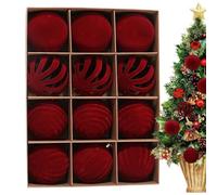 12 Pcs Burgundy/Green Velvet Christmas Balls Set, 4 Patterns, 8 cm Flocked Christmas Tree Ball Ornaments for Home Holiday Party Hanging Decoration