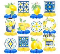 12 Pcs Capri Lemon Blue Yellow Tiles Honeycomb Centerpieces Decorations, Mediterranean Amalfi Coast Centerpieces for Lemon Birthday Party Italian Summer Wedding, Birthday, Bridal Shower Bachelorette F