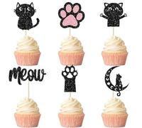 12 Pcs Cat Cupcake Topper, Black Glitter Cat Meow Cupcake Decoration for Cats Lover Kitten Theme Shower