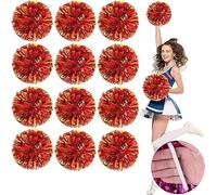 12 PCS Cheerleading Pom Poms, 25cm Cheerleader Pompoms with Baton Handle Cheering Squad Pompoms for School Dance Sports Team Spirit Cheering (Red+Gold)