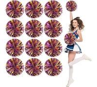 12 PCS Cheerleading Pom Poms, 25cm Cheerleader Pompoms with Baton Handle Cheering Squad Pompoms for School Dance Sports Team Spirit Cheering (Purple+Gold)