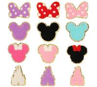 12 Pcs Chenille Bear Patches Cute Bear Head Bows Castle Embroidered Patches