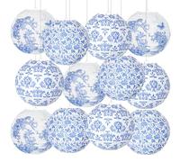 12 PCS Chinoiserie Paper Lanterns Set, 10" Blue and White Porcelain Print Decor Chinese Hanging Round Lanterns for Birthday Baby Bridal Shower Wedding Party Decoration