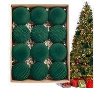12 PCS Christmas Ball Ornaments 3.1'' Elegant Christmas Hanging Ornament Plastic Velvet Ornaments with Metal Buckle for Christmas Decoration Dark Green