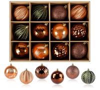 12 Pcs Christmas Ball Ornaments, 8cm Large Green Copper and Brown Xmas Baubles Set, 6 Styles Shatterproof Plastic Xmas Tree Decorations with Glossy, Matte & Glitter Finish for Holiday, Wedding, Party