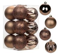 12 pcs Christmas Baubles Xmas Ball Ornaments with Strings, 80mm/3.1" Brown Shatterproof Plastic Hanging Decorations, Christmas Tree Pendants for Home Party Wedding Holiday
