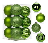 12 pcs Christmas Baubles Xmas Ball Ornaments with Strings, 80mm/3.1" Green Shatterproof Plastic Hanging Decorations, Christmas Tree Pendants for Home Party Wedding Holiday