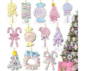 12 pcs Christmas Candy Ornaments, Large Candy Christmas Tree Decorations, Pastel Xmas Tree Hanging Decorations, Lollipop Cupcake Ice Cream Macaron Ornament for Xmas Party