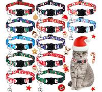 12 PCS Christmas Cat Collar Thanksgiving Breakaway Cat Collars with Bell Adjustable Pet Collar with Gingerbread Man Snowman Santa Claus Elk Xmas Tree Pumpkin Patterns for Cat Festival Party(Santa)