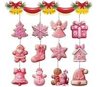 12 Pcs Christmas Decorations, 2D Wooden Pink Ginger Bread Christmas Tree Decorations for Tree, Gingerbread Decoration Suitable for Party Decoration Holiday Parties Indoor Home Decor Decoration