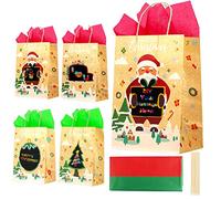 12 PCS Christmas Gift Bags, Holiday Kraft Bags with Scratch Paper Panel for Personalized Messages, 4 Unique Designs Xmas Treat Bags with Red & Green Tissue Papers and Wooden Pens