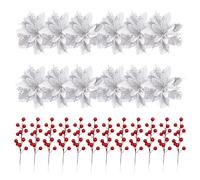 12 PCS Christmas glitter Flowers Large and 12 Pcs Artificial Red Berry Stems， Poinsettia Glitter Flower Christmas Tree decorations Hanging Party Xmas Decor (Silver)