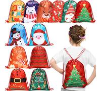 12 Pcs Christmas Party Favors Bags for Kids Drawstring Backpack Santa Claus Goodies Snack Treat Gift Bags Presents Wrapping for Xmas Winter Holiday Birthday Party (13.2 x 16.3 Inch)
