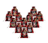 12 PCS Christmas Plaid Drawstring Bags with Elk Tags,Small Red Christmas Burlap Gift Bags Santa Claus Snowman Penguin Wreath Candy Bag Treat Bags for Xmas Holiday Party Favors,14x10cm