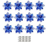 12 Pcs Christmas Poinsettia Flowers with Clips Christmas Poinsettia Flowers Glitter Poinsettia Christmas Artificial Flowers for Christmas Tree Christmas Party Wreath Hanging Decorations, Blue